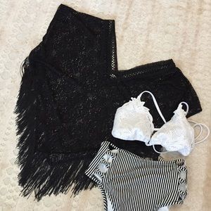 Black Crochet Poncho/Swim Cover with Fringe Hem